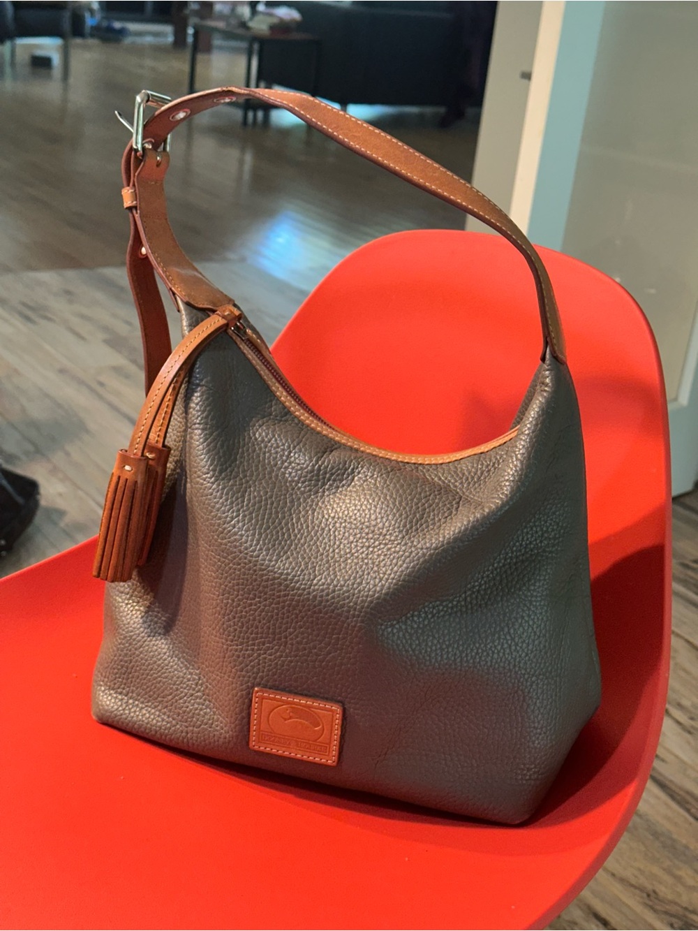Dooney & Bourke Gray Leather Hobo with Tan Trim